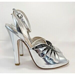 Miu Miu Silver Leather Metallic & Black Two-Tone Heels Ankle Strap Sz EU 40